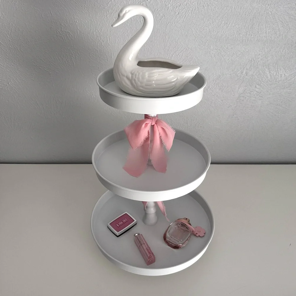 White Three-Tiered Stand with Pink Silk Bow Accents
